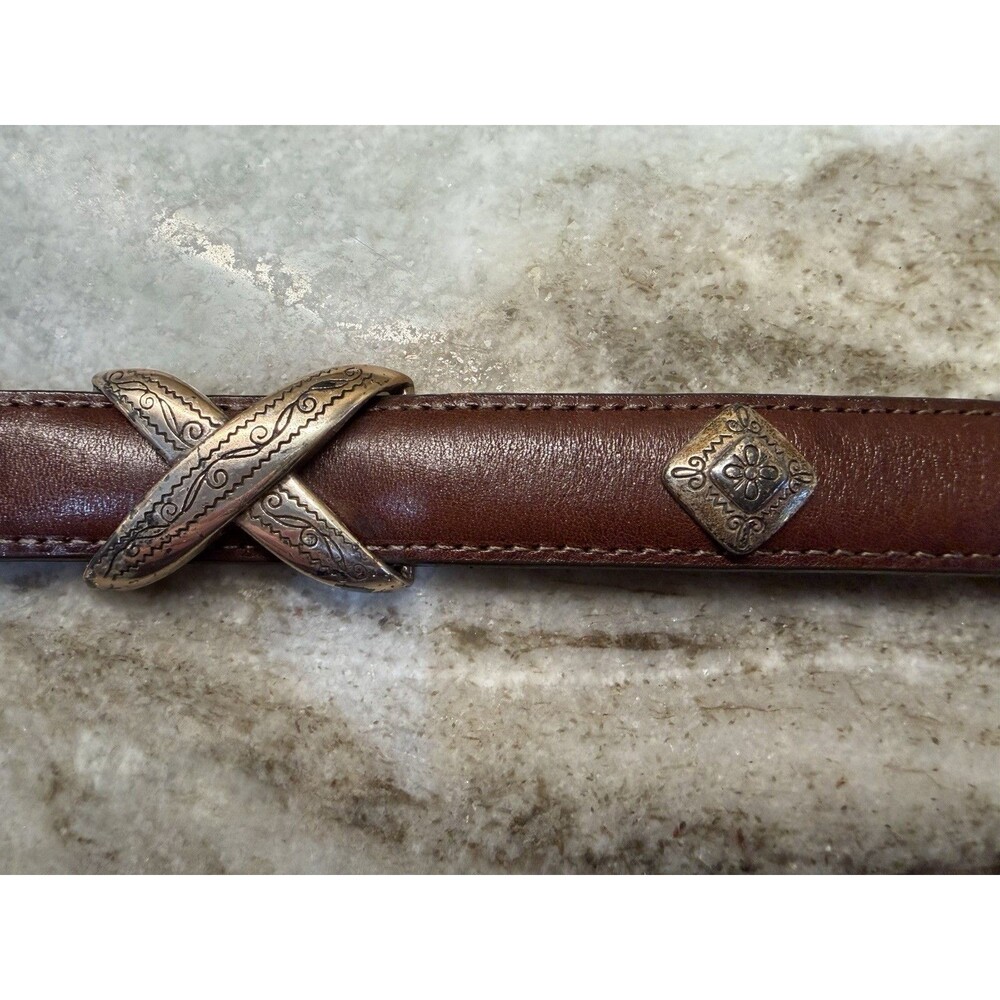 1990s Brighton Womens S Brown Leather Belt Silver XS And Diamond Concho Western - Picture 4 of 15